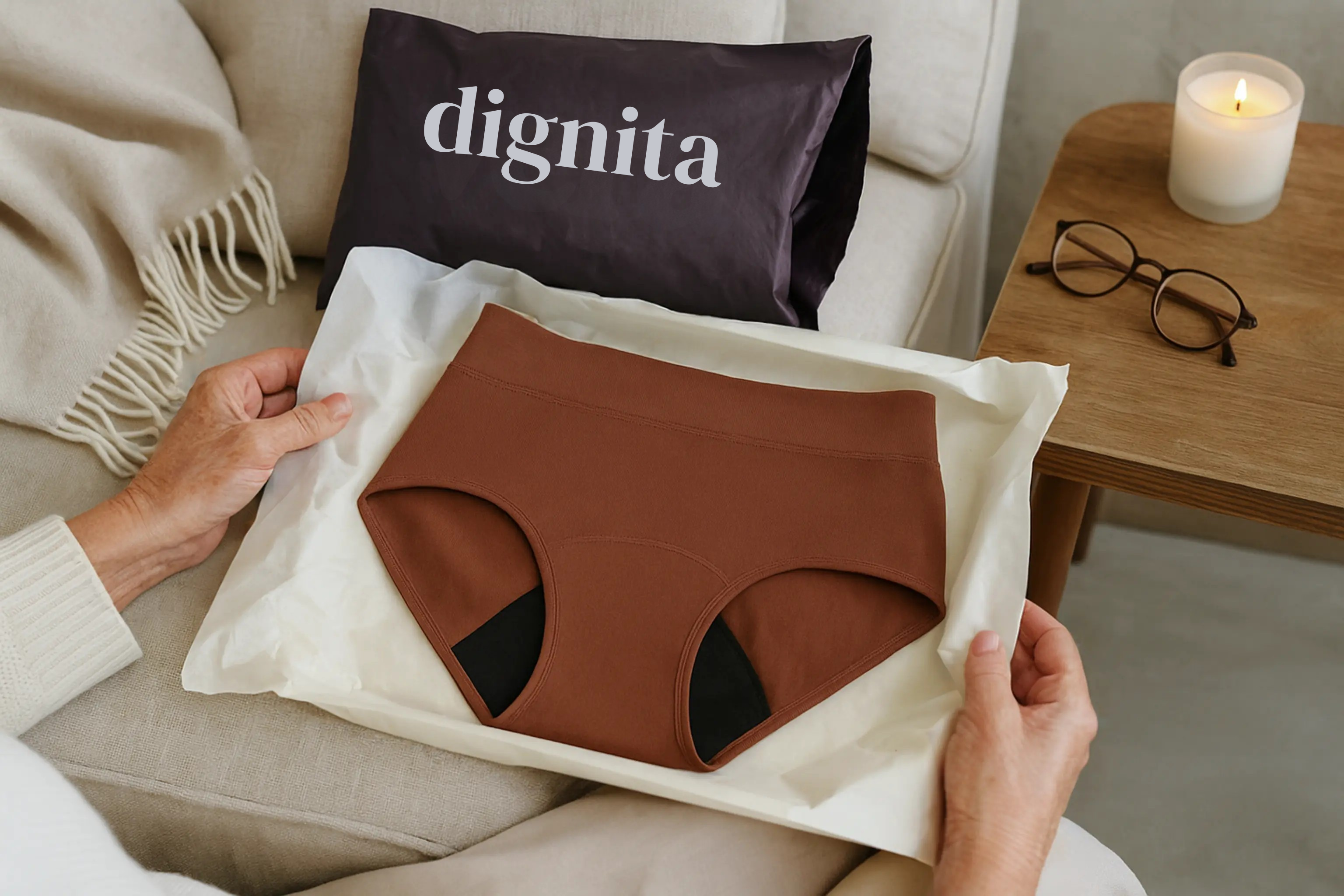Culotte Dignita joliment emballée avec une bougie et des lunettes à proximité