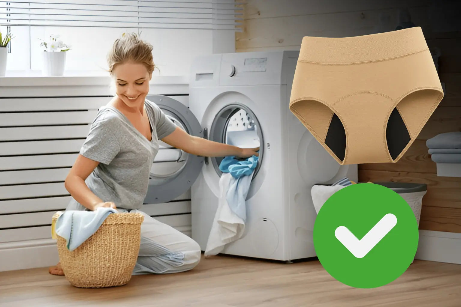 Femme mettant du linge dans une machine à laver avec une coche verte