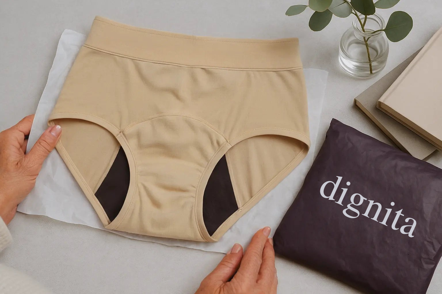 Mains tenant une culotte Dignita devant son emballage